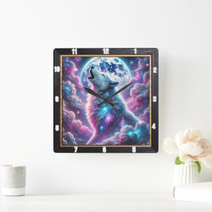 Horloge Carrée Loup mystique hurlant sous une Lune cosmique vibra