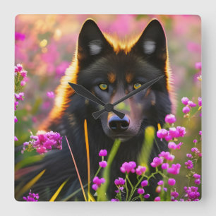 Horloge Carrée loup noir en fleurs roses