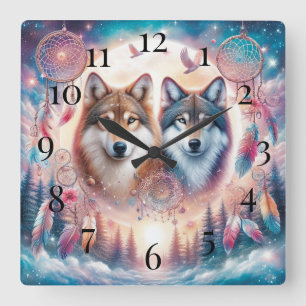 Horloge Carrée Loups et Dreamcatchers