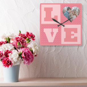 Horloge Carrée Love Couple Photo Coeurs roses Motif Valentines