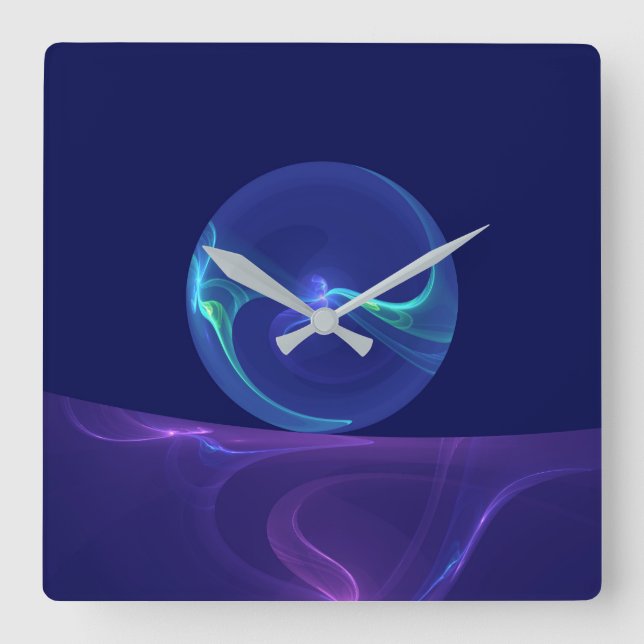 Horloge Carrée Lumineuse Bleu Violet Rêve Abstrait Fractal Art (Recto)
