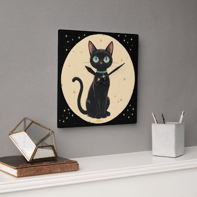 Horloge Carrée Lune de chat noir atomique futuriste (Bureau)