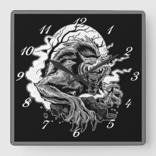 Horloge Carrée Lune de loup-garou monochrome