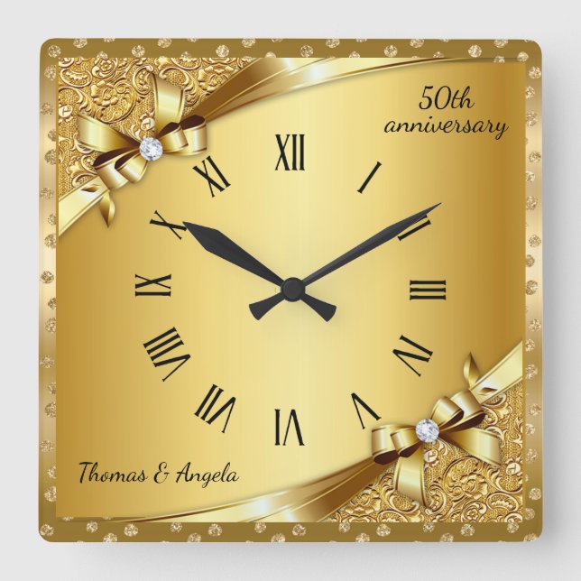 Horloge Carrée Luxueux 50e Anniversaire Métal Doré et Diamant (Recto)