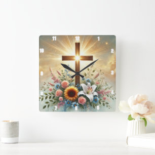 Horloge Carrée Lys blancs radiants croisés floraux