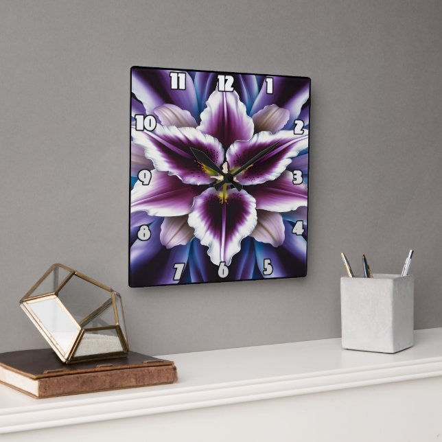 Horloge Carrée Lys violet vibrant sur Arrière - plan foncé (Bureau)