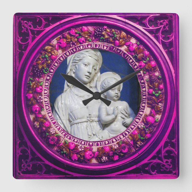HORLOGE CARRÉE MADONNA AVEC ENFANT ROSE FLORALE RENAISSANCE COURO (Recto)