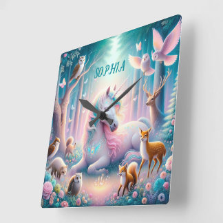 Horloge Carrée Magic Unicorn, Nursery Baby/ Enfants Nom personnal