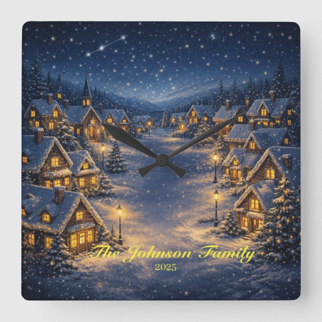 Horloge Carrée Magical Snowy Christmas village at night (Recto)