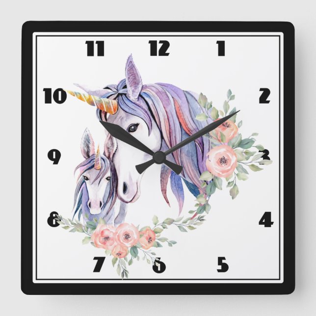 Horloge Carrée Magique Unicorne maman & bébé aquarelle (Recto)