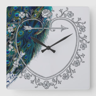 Horloge Carrée Magnifique art de paon vintage personnalisé