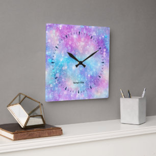 Horloge Carrée Magnifique Fond Pailleté Coloré