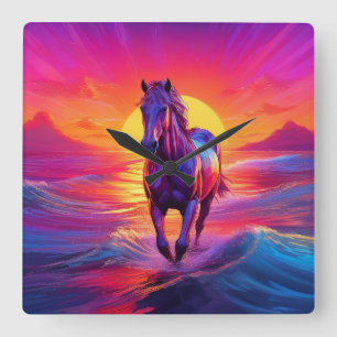 Horloge Carrée Magnifique œuvre d'art représentant un cheval au c