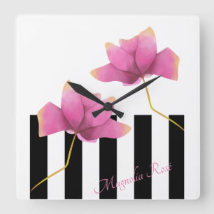 Horloge Carrée Magnolia Rosé Moderne Floral et les rayures