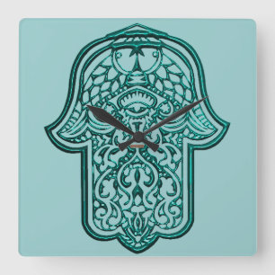 Horloge Carrée Main de henné de Hamsa (Teal)