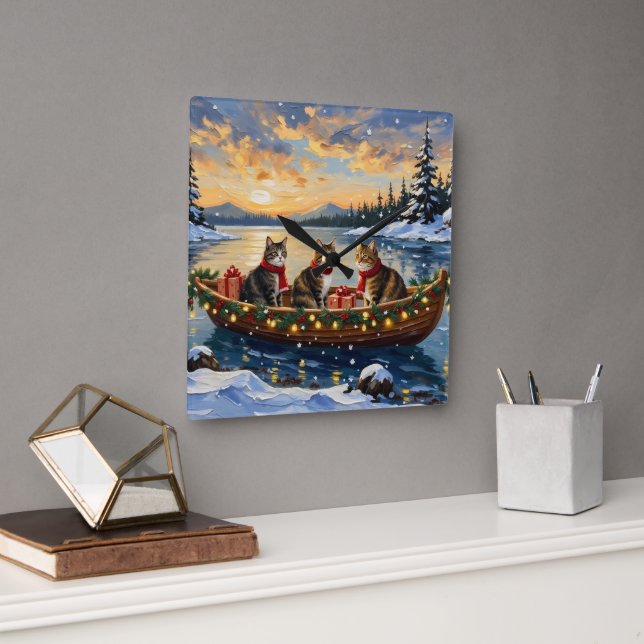 Horloge Carrée Maine Coon Cat Christmas Boat Holiday (Bureau)