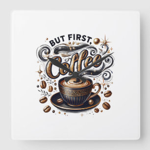 Horloge Carrée Mais First Coffee Art - Design Or Stylé