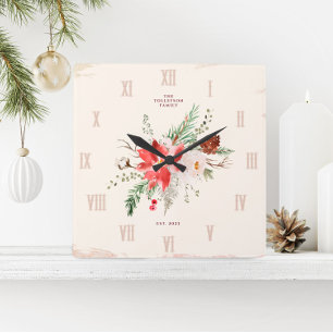 Horloge Carrée Maison de Noël Hiver Poinsettia Rustique