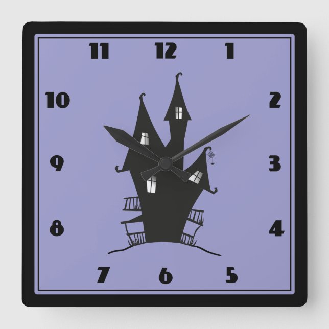 Horloge Carrée Maison hantée noire sur Arrière - plan pourpre (Recto)