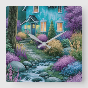 Horloge Carrée Maisonnette Turquoise Fantaisiste Mur de Jardin En