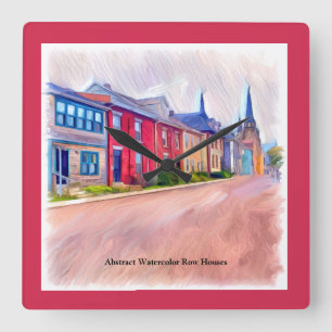 Horloge Carrée Maisons Abstraites de rangées d'aquarelle