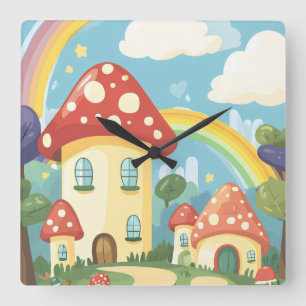 Horloge Carrée Maisons champignons et arc-en-ciel 12