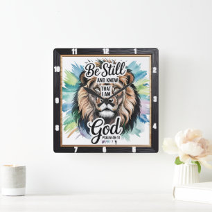 Horloge Carrée Majestic Lion Inspirational Faith Psaume 46:10