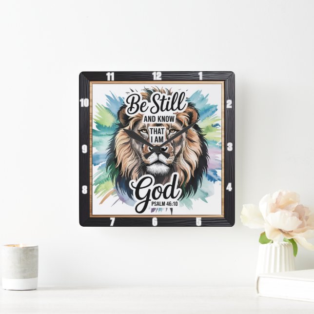 Horloge Carrée Majestic Lion Inspirational Faith Psaume 46:10 (Maison)