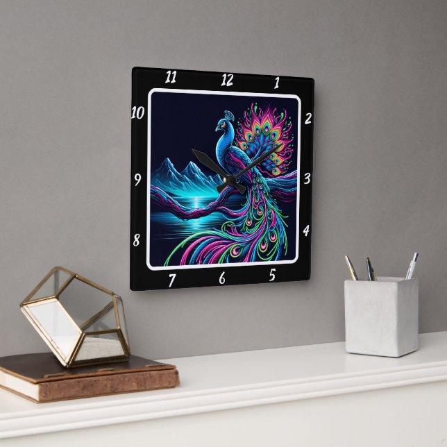 Horloge Carrée Majestic Neon Peacock (Bureau)