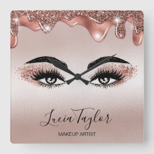 Horloge Carrée Makeup Beauty Lashes Rose Gold Drips Glitter
