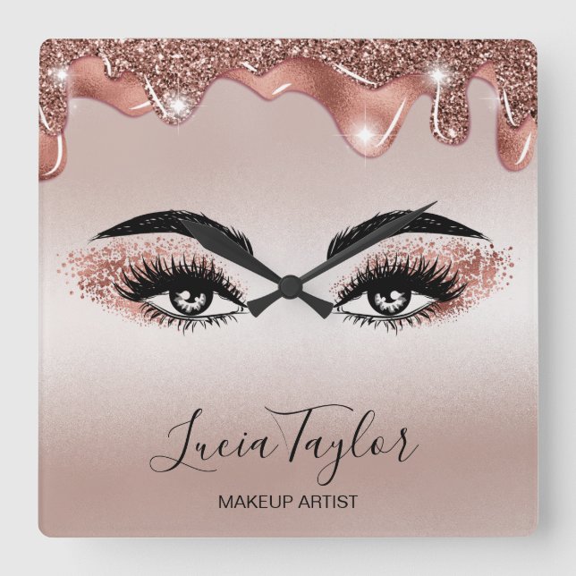 Horloge Carrée Makeup Beauty Lashes Rose Gold Drips Glitter (Recto)