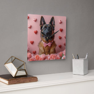 Horloge Carrée Malinois belge avec Rose - Saint Valentin