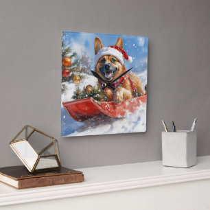Horloge Carrée Malinois belge dans un traîneau Laissez neige Noël
