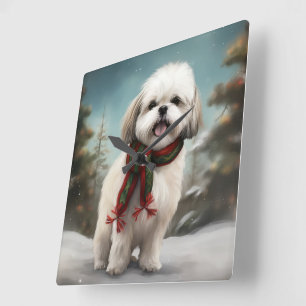 Horloge Carrée Malti Tzu Chien dans la neige Noël