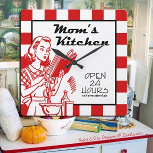 Horloge Carrée Maman Cuisine Rétro Vintage Années 50 Rouge