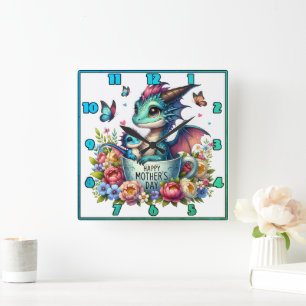 Horloge Carrée Maman dragon : Coupe, Fleurs, Fête des Mères