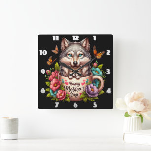 Horloge Carrée Maman du loup : Coupe, Fleurs, Fête des mères
