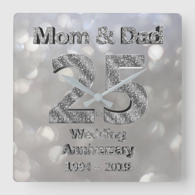 Horloge Carrée Maman et Papa 25e anniversaire de mariage d'argent (Recto)
