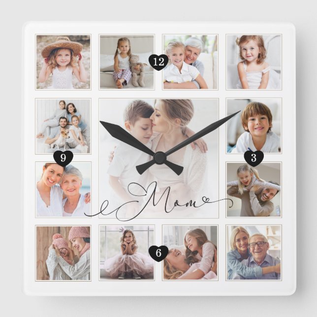 Horloge Carrée Maman Script Famille Mémoire Photo Grille Collage (Recto)