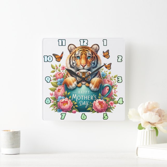 Horloge Carrée Maman tigre : Bébé, Fleurs, Fête des mères (Maison)