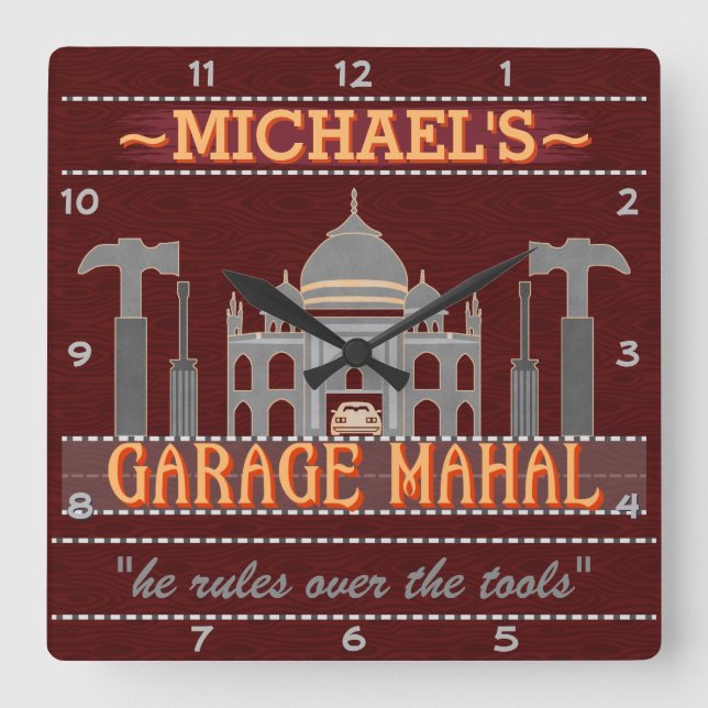 Horloge Carrée Man Cave Funny Garage Mahal Tools | Nom personnali (Recto)