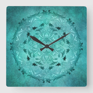 Horloge Carrée Mandala de grunge à fleurs ethniques turquoise