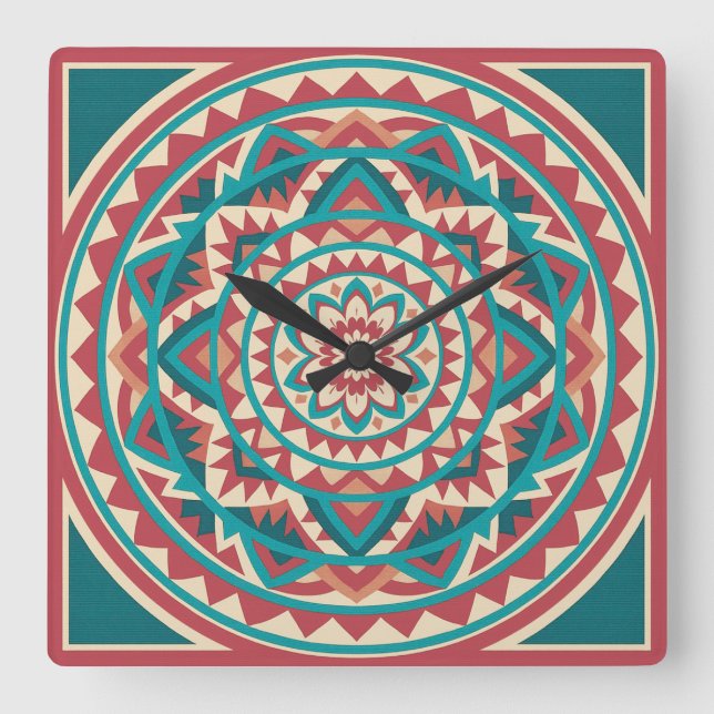 Horloge Carrée Mandala du sud-ouest moderne (Recto)
