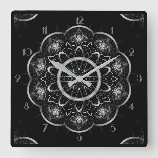 Horloge Carrée Mandala en filigrane argenté (Recto)