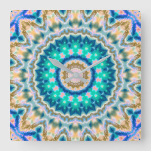 Horloge Carrée Mandala jaune turquoise