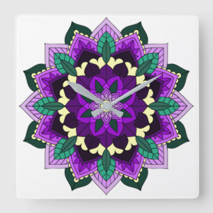 Horloge Carrée Mandala Motif 02 en violet