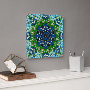 Horloge Carrée Mandala Retro Mosaic Vert Motif bleu