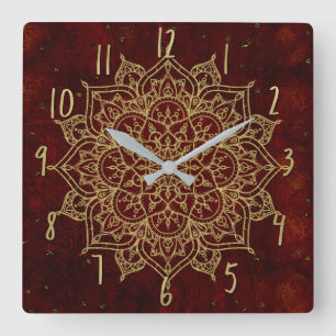 Horloge Carrée Mandala Rouge Vin Profond & Glamour Doré Moderne C