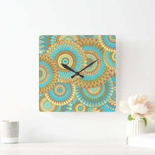 Horloge Carrée Mandala superposé bleu marron or