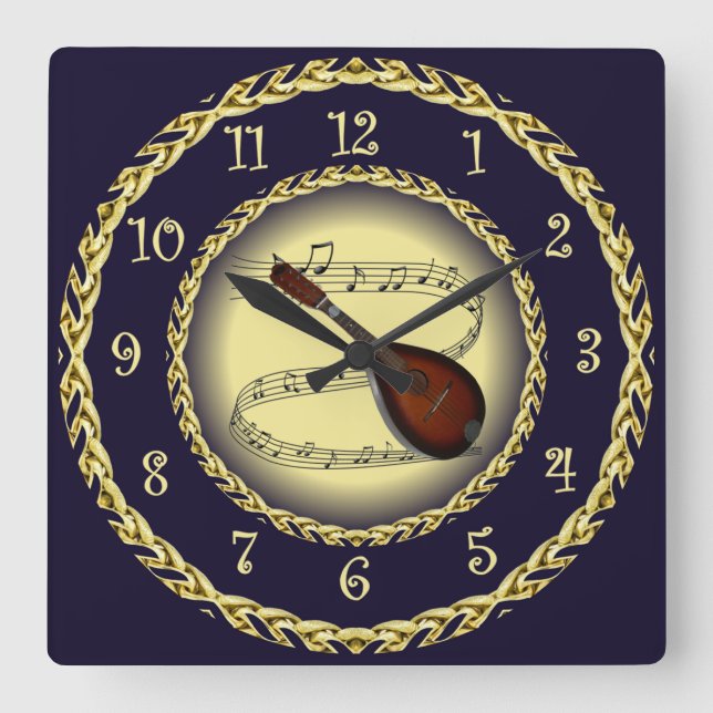 Horloge Carrée Mandolin 01 ~ Scroll musical ~ Gold/Navy Blue ~ (Recto)